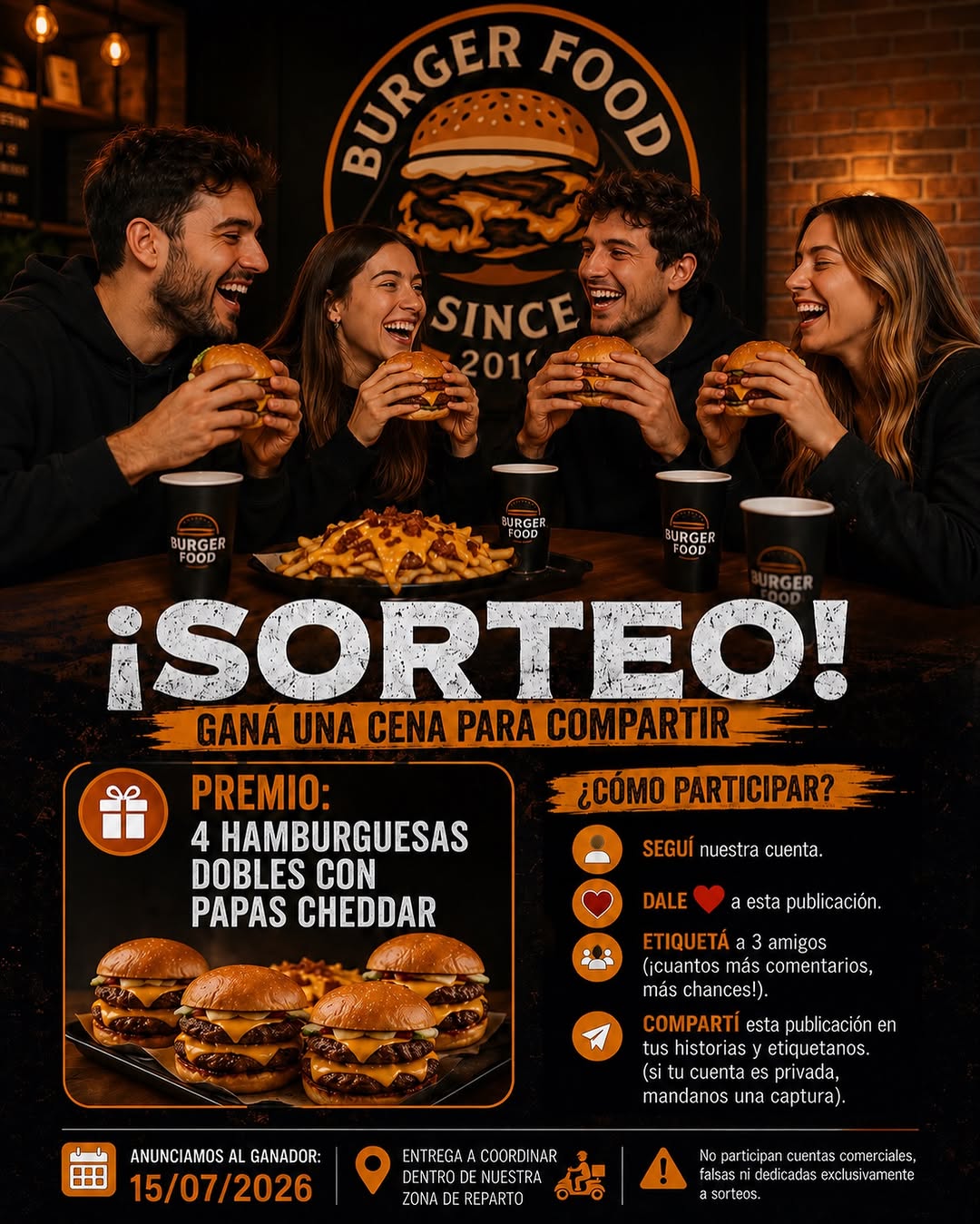 Imagen de 🎉 ¡SORTEO BURGER FOOD! 🍔🔥

¿Querés ganar una cen