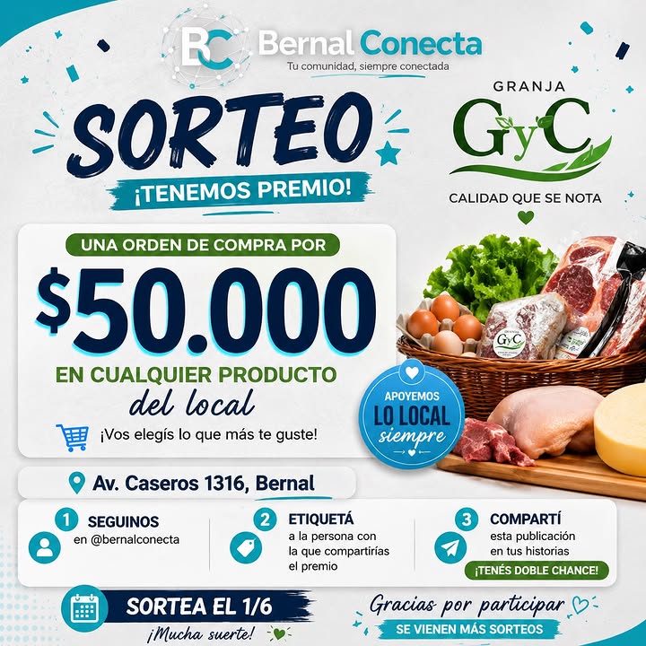 Imagen de 🎉 ¡SORTEO ESPECIAL EN BERNAL! 🎉

Desde Bernal Conecta