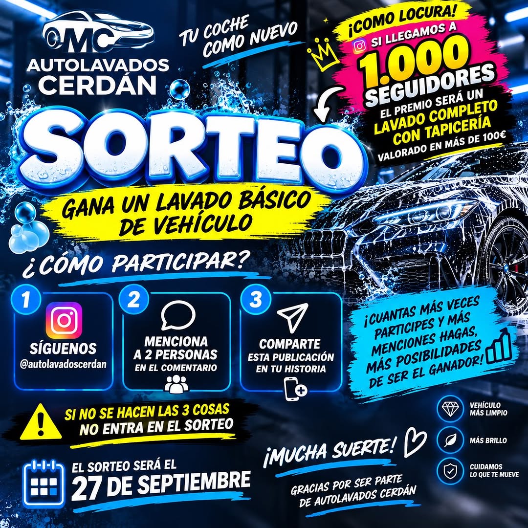 Imagen de 🚨 ¡¡SORTEAZO EN AUTOLAVADOS CERDÁN!! 🚨 🚗✨

¿Q