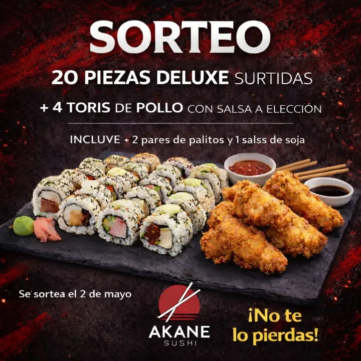 Imagen de 🎉 NUEVO SORTEO EN AKANE SUSHI🎉

🎁 PREMIO:
20 piezas