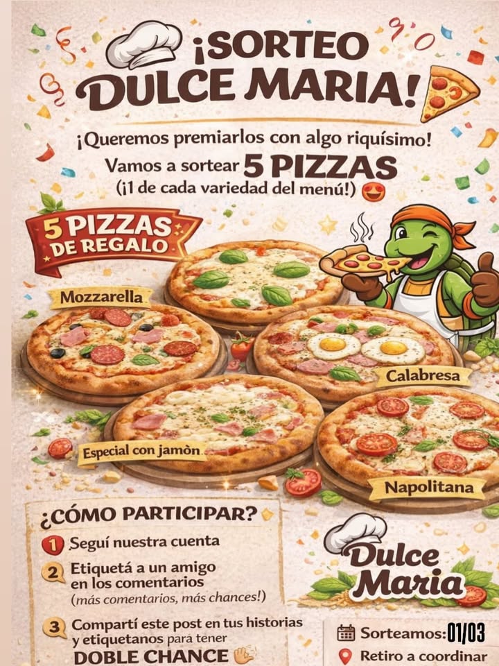 Imagen de 🎉 ¡SORTEO DULCE MARIA! 🍕
¡Queremos premiarlos con al