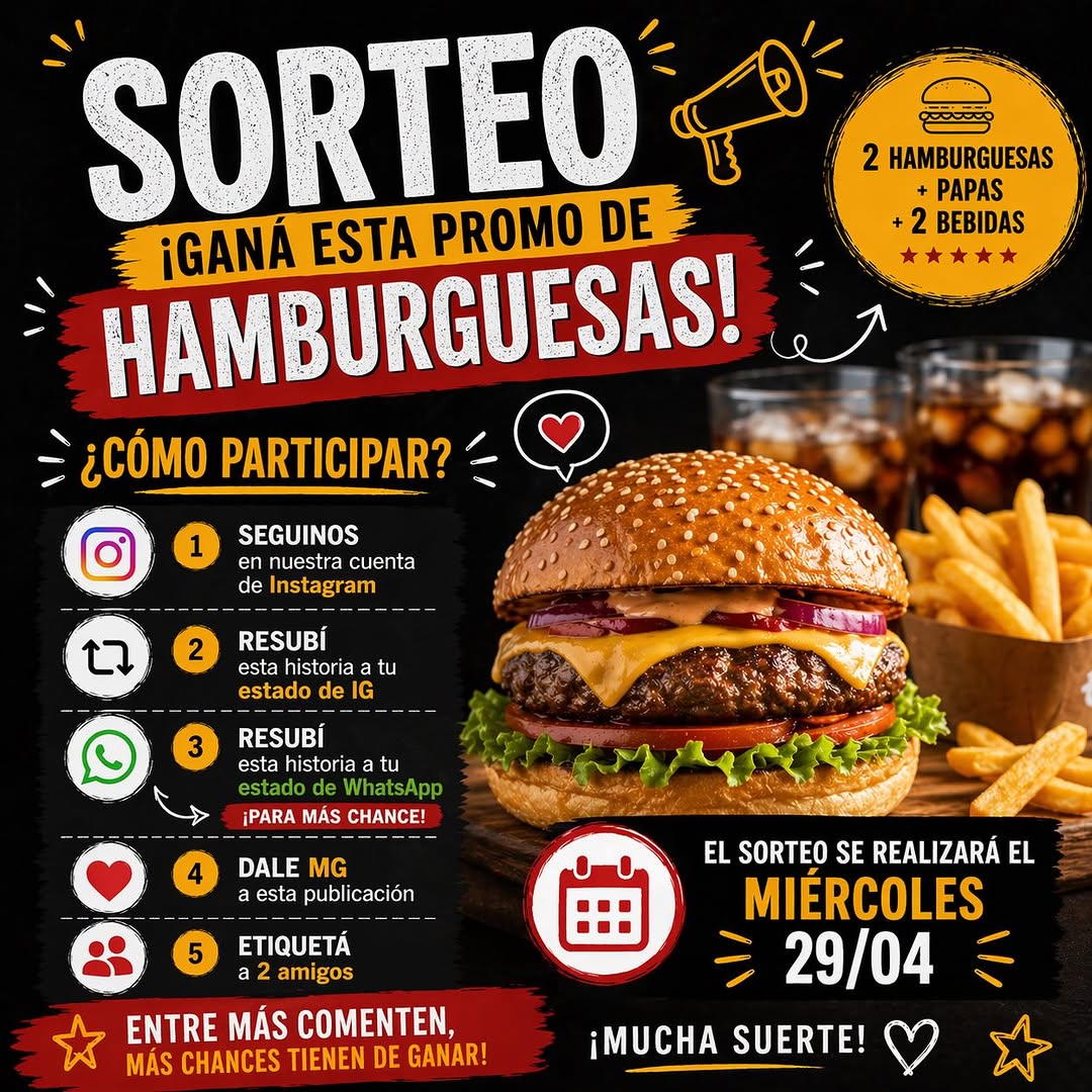 Imagen de 🍔🔥 ¡SORTEO IMPERDIBLE! 🔥🍔 

¿Te gustaría gana