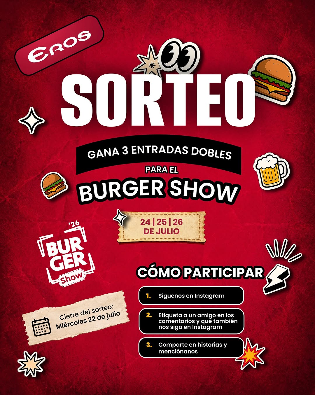 Imagen de 🍔🔥 ¡SORTEO EROS X BURGER SHOW! 🔥🍔

Tenemos 3 en