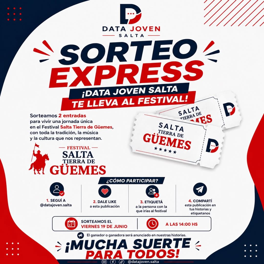 Imagen de 🎟️ ¡SORTEO EXPRESS! 🎟️

Data Joven Salta te lleva