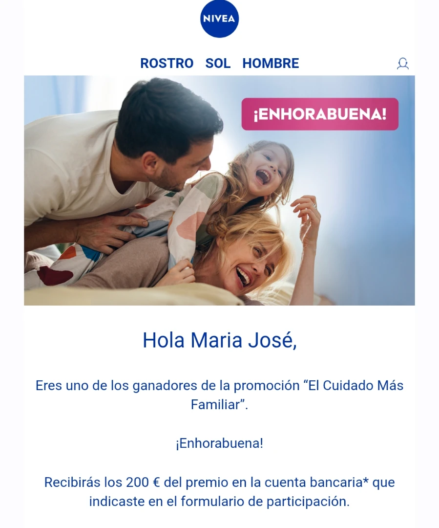 Imagen de Ganadora de 200€
Por participar en la 
promoción de NIVEA