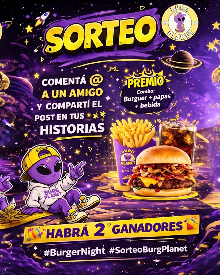 Imagen de 🚀👽 ¡ SORTEO BURG PLANET ! 🍔🔥

¿Querés ganar u