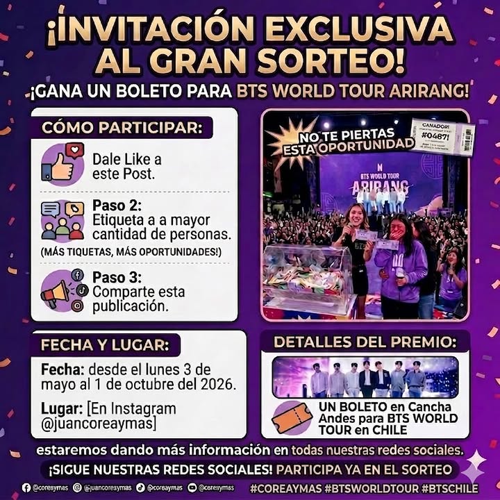 Imagen de ¡GRAN SORTEO EXCLUSIVO: BTS WORLD TOUR EN CHILE! 💜
¿Qui