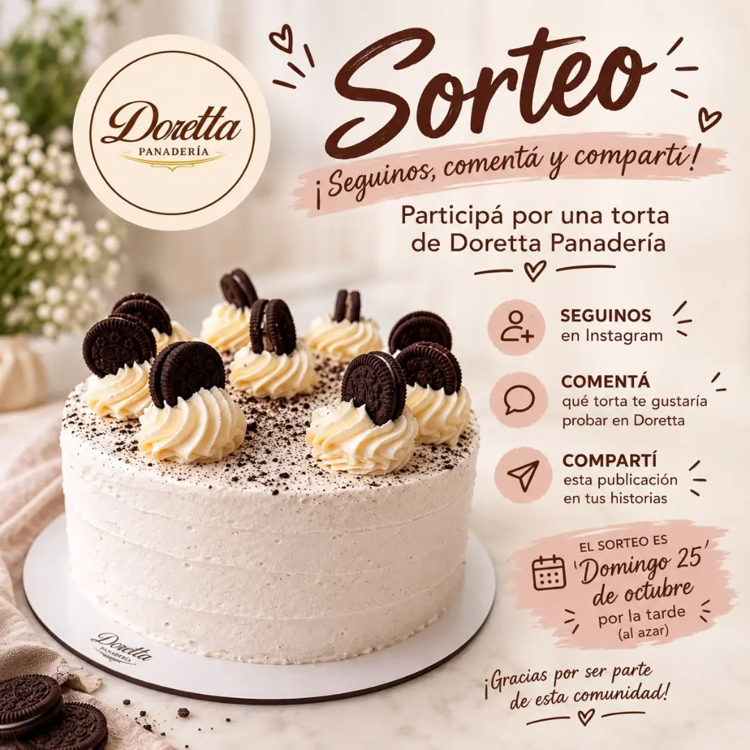 Imagen de 🎂✨ ¡SORTEO DORETTA PANADERÍA! ✨🎂

¡Queremos que