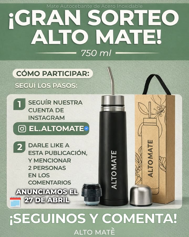 Imagen de 🎉 ¡SORTEO ALTO MATE! 🥳

¿Querés ganarte un ALTO MAT