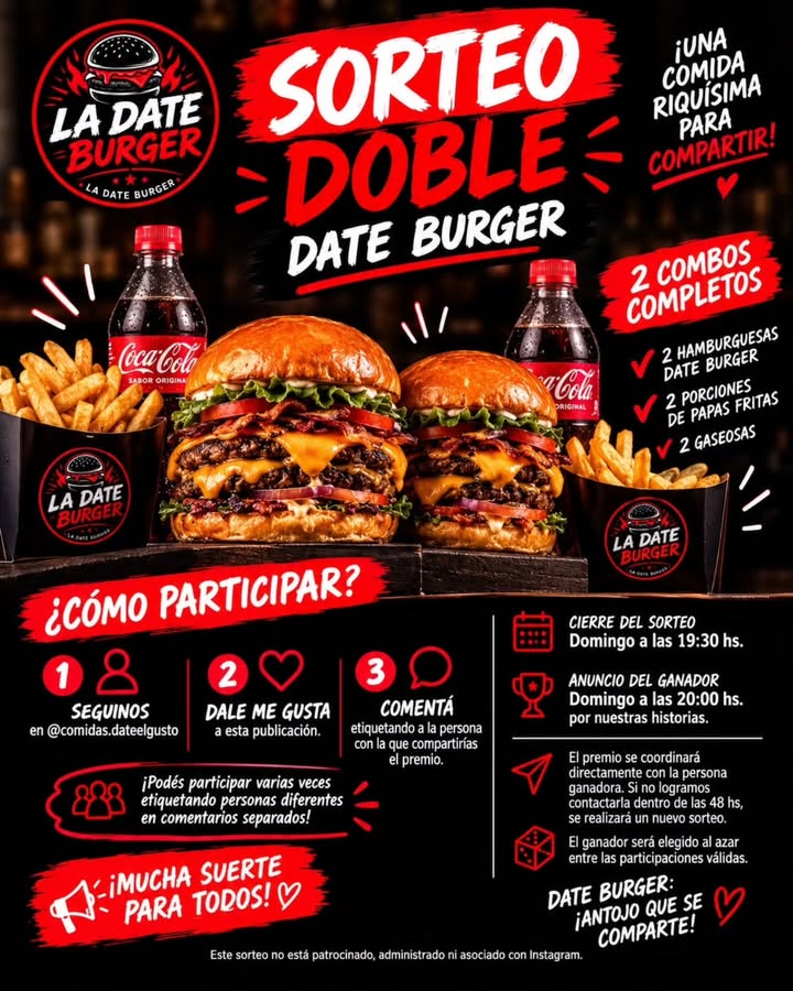 Imagen de 🍔🔥 ¡SORTEO DOBLE DE LA DATE BURGER! 🔥🍔

¡Quere