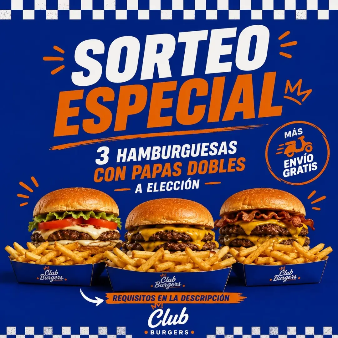 Imagen de SORTEAMOS 3 HAMBURGUESAS A ELECCION DOBLES + PAPAS 
Si aun n
