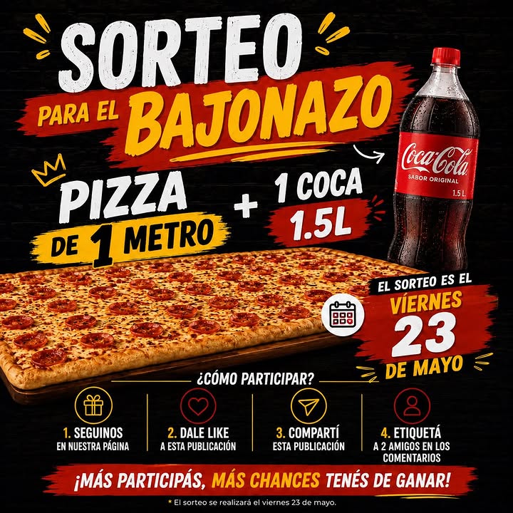 Imagen de 🎉🍕 ¡SORTEO PARA EL BAJONAZO! 🥤🔥

¿Querés gana