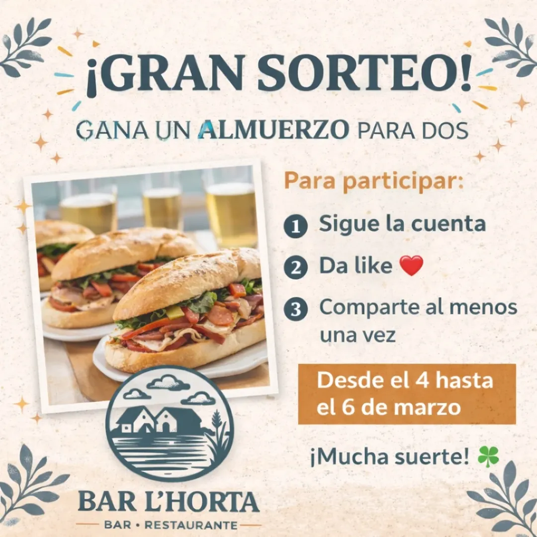 Imagen de ✨ ¡GRAN SORTEO EN BAR L’HORTA! ✨
¿Te apetece un almu