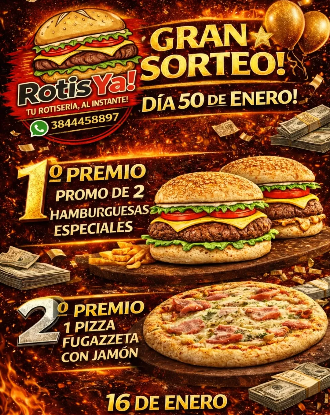Imagen de 🎉🍔 SORTEO – DÍA 50 DE ENERO 🍕🎉
En Rotis Ya! l