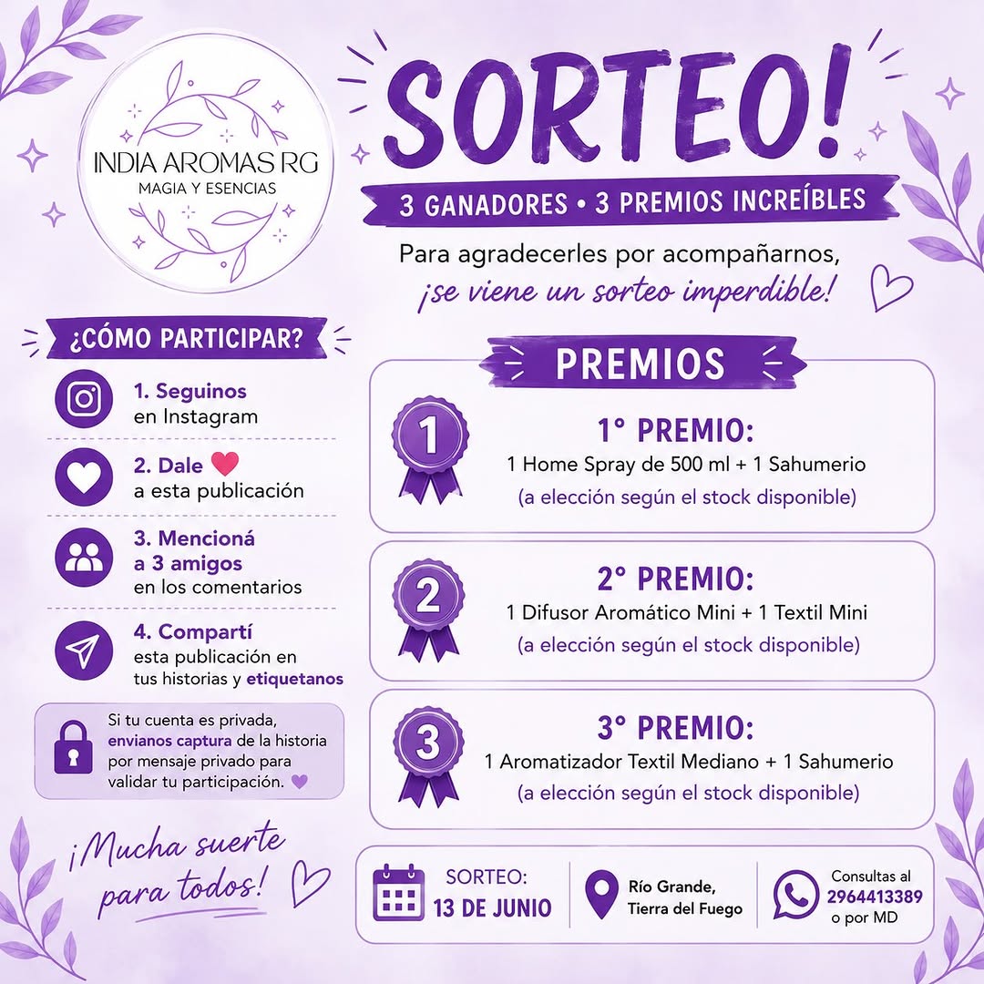 Imagen de 🎉✨ ¡SORTEO INDIA AROMAS RG! ✨🎉

Para agradecerles