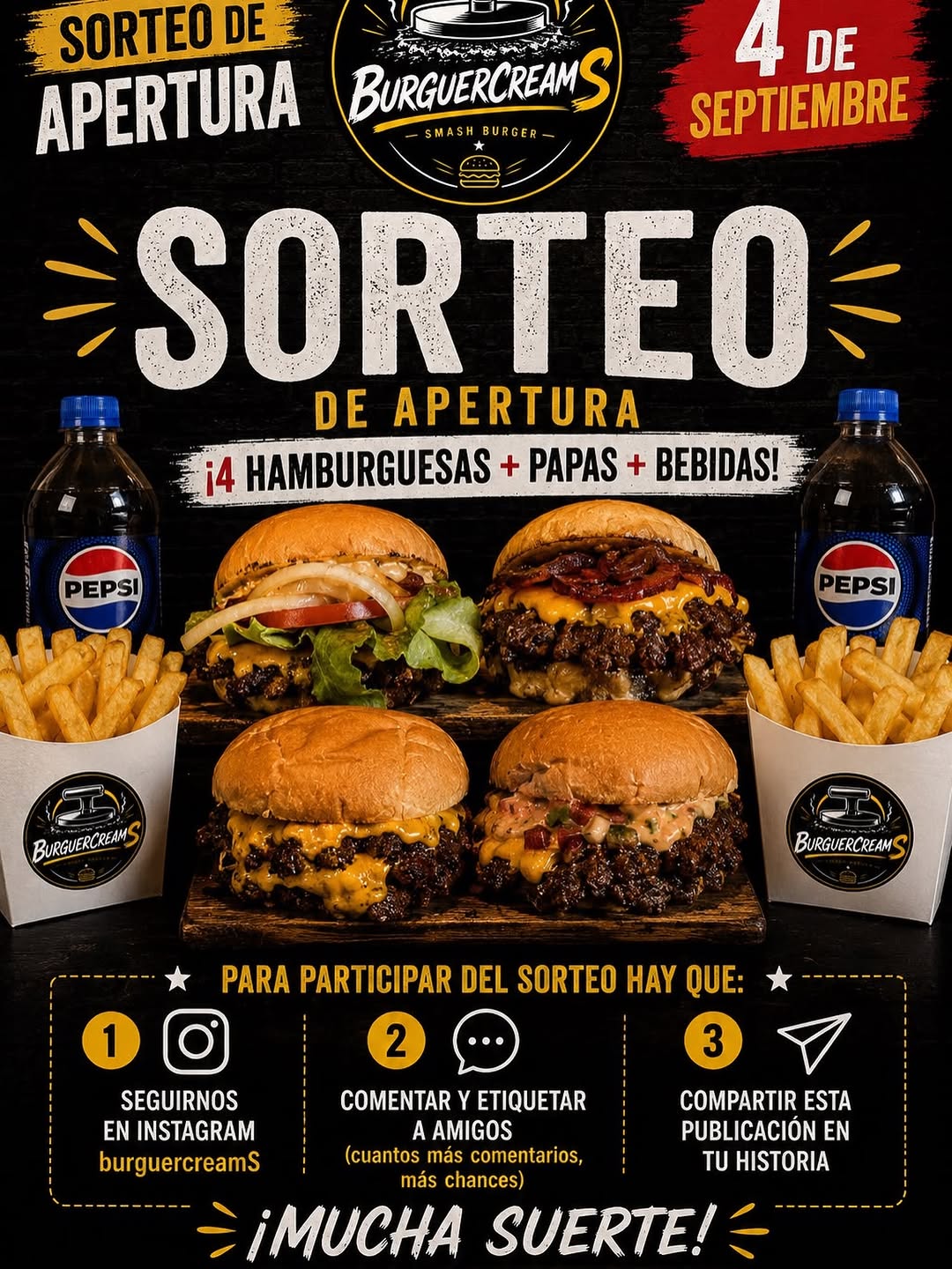 Imagen de 🔥 ¡SORTEO DE APERTURA BURGUERCREAMS! 🍔🔥

¡Queremo