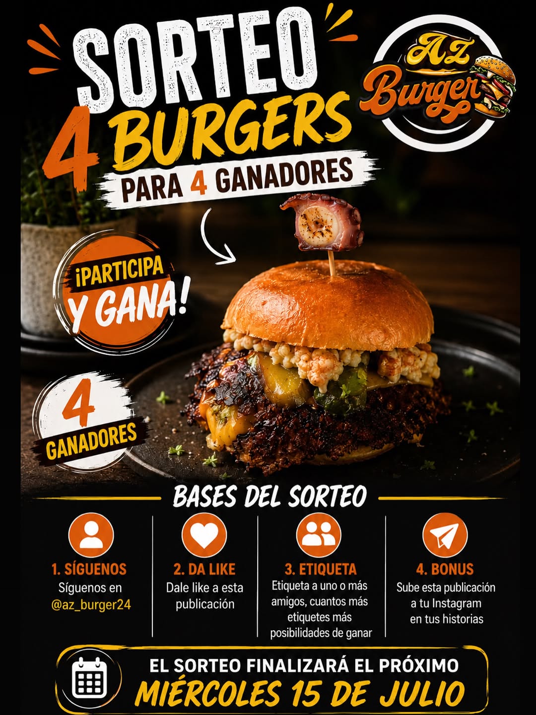Imagen de 🎉🍔 ¡¡SORTEAZO EN AZ BURGER!! 🍔🎉

¡Regalamos 4