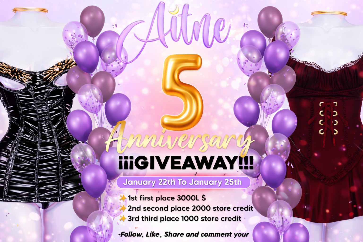 Imagen de 🌟 Anniversary Giveaway 🌟
✨ 1st Place: 3000L$
✨ 2nd