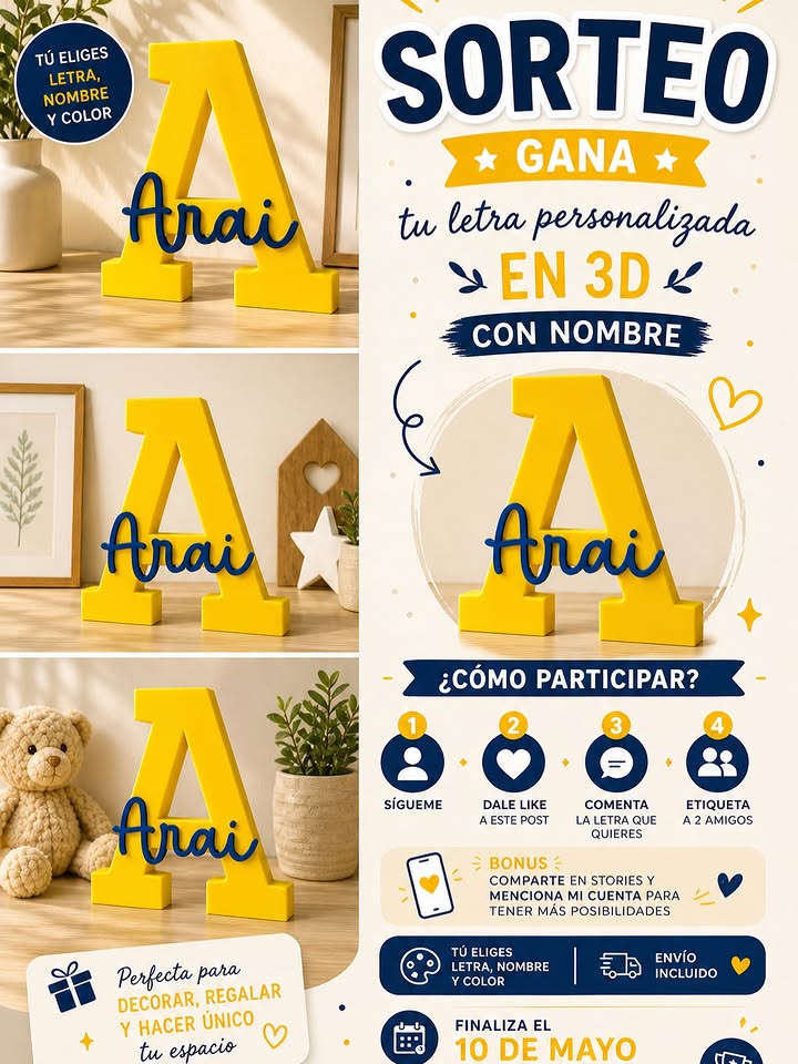 Imagen de 🎉 SORTEO 🎉
LETRA PERSONALIZADA 3D con nombre 🧡
Ide
