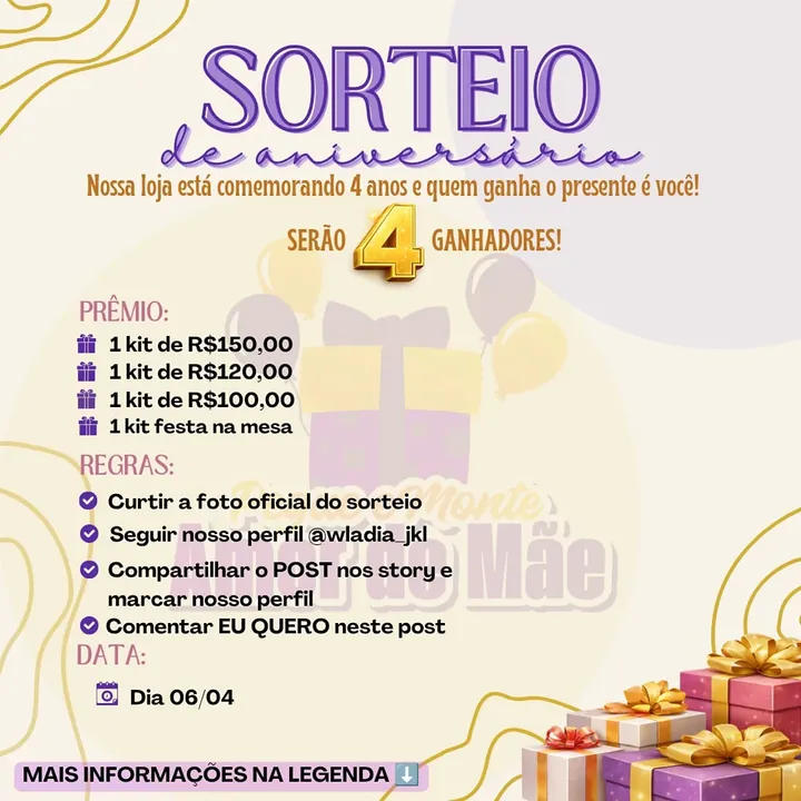 Imagen de 🎉 SORTEIO DE ANIVERSÁRIO – 4 ANOS DE LOJA! 🎉

Nossa